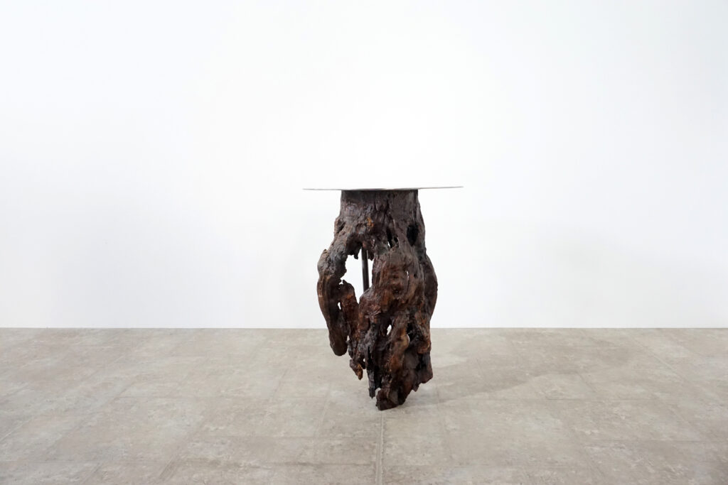 インテリアアクセントとして使われてきた流木をステンレス天板を交えてサイドテーブルへカスタム。流木の流動的で自然な風合いと、ステンレスのインダストリアルモダン感のコントラストが際立つものに仕上がりました。天板はステンレス板をランダムに荒らしたサンディング仕上げ。左斜め