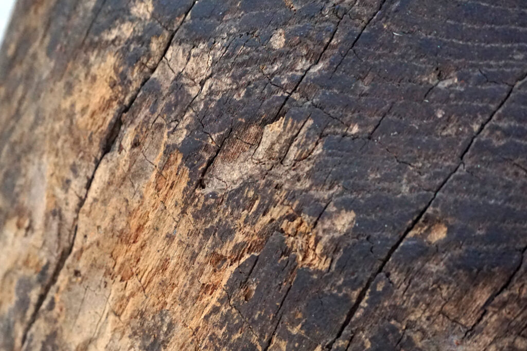 年季の入った臼に真鍮の天板を取り付け。唯一な臼のテクスチャーはストーリーを感じます。天板はランダムに荒らしたサンディング仕上げ。底面には高さ調節のアジャスター付き。側面寄り