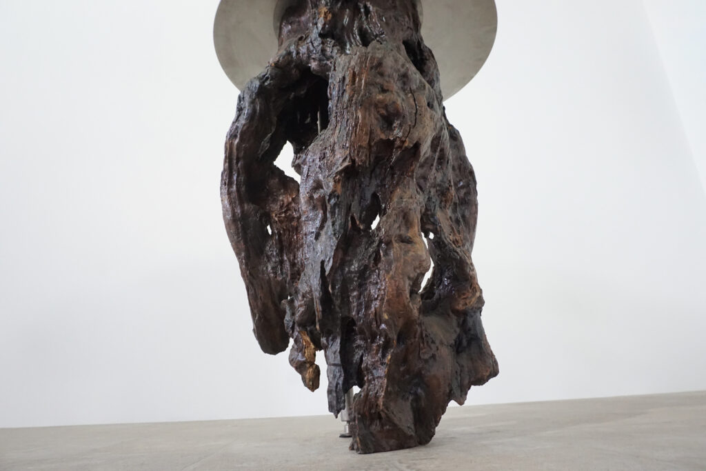 インテリアアクセントとして使われてきた流木をステンレス天板を交えてサイドテーブルへカスタム。流木の流動的で自然な風合いと、ステンレスのインダストリアルモダン感のコントラストが際立つものに仕上がりました。天板はステンレス板をランダムに荒らしたサンディング仕上げ。足下見上げ