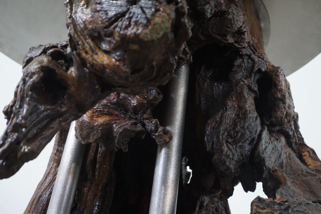 インテリアアクセントとして使われてきた流木をステンレス天板を交えてサイドテーブルへカスタム。流木の流動的で自然な風合いと、ステンレスのインダストリアルモダン感のコントラストが際立つものに仕上がりました。天板はステンレス板をランダムに荒らしたサンディング仕上げ。足根本